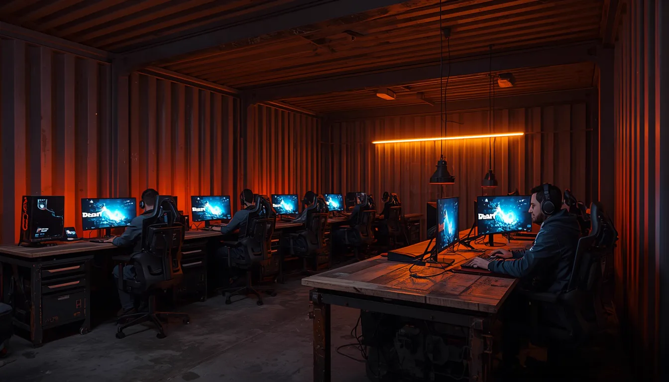 Rows of gaming stations glowing under warm light inside the LANLORD great hall at night