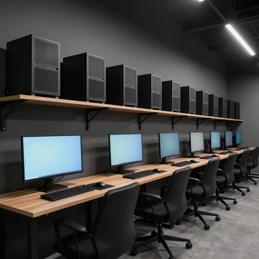 A long row of monitors glowing in a dim great hall during a LAN gathering